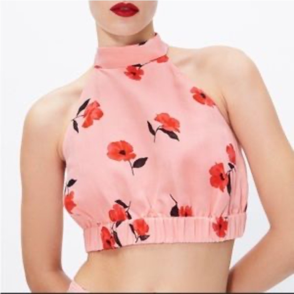 [XS]Zara Crop Top Coral Floral Print Linen-Blend Halter Neck